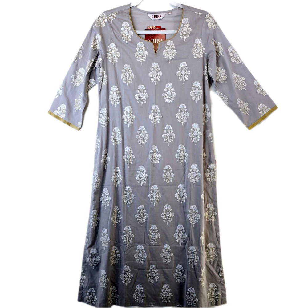 BIBA‎ Floral Print Dress Women's 36 Metallic Accents Summer Elegance Grey Cotton